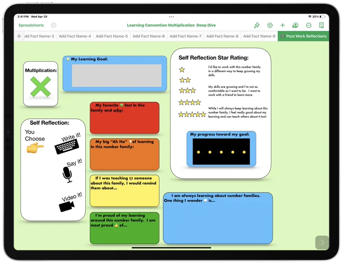 The reflection page pulls their goal from page one and allows the learner to think about what they have learned.  They will also proved themselves with a star rating.