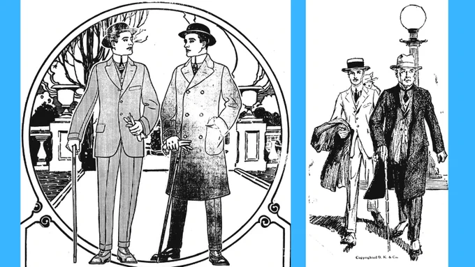 Men dapperly dressed in suits, coats and hats holding canes. 