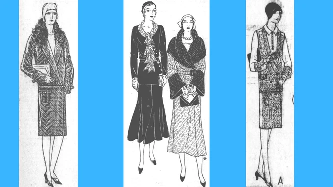 Women dressed in wrap style mid-length dresses accented with fur, a scarf, large beads and a tie. All are wearing gloves and cloche hats. 