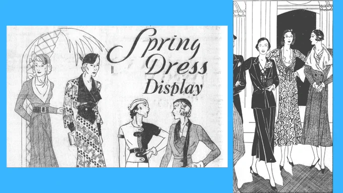 Women dressed in various mid-length styles with large lapels, wide belts and double breasted large buttons at the waist, ruffles, large ties, and other exaggerated accents. All are wearing cloche hats, heels, and gloves. 