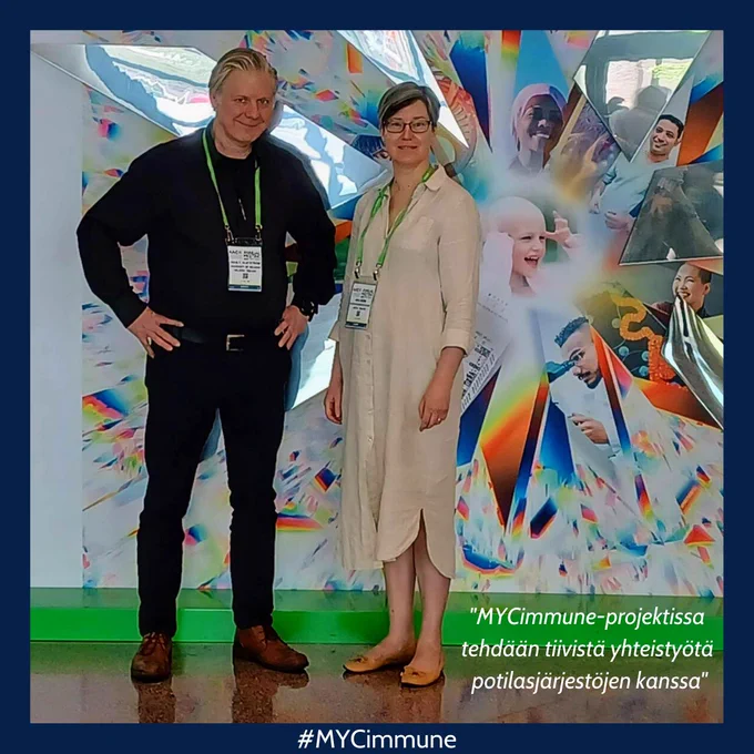 Juha Klefstöm ja Rintasyöpäyhdistys Europa Donna Finland ry:n toiminnanjohtaja Anu Niemi AACR-syöpäkonferenssissa.
Teksti: MYCimmune-projektissa tehdään tiivistä yhteistyötä potilasjärjestöjen kanssa"
