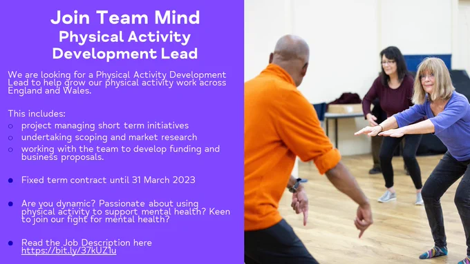 Image of people doing tai chi and text including information on the Physical Activity Development Lead (this has been taken from the job advert on this webpage https://lnkd.in/ezUYC4du).