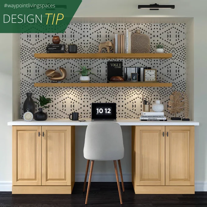 Cabinetry with a good mix of open and closed shelving will keep office supplies well organized and clutter at bay.