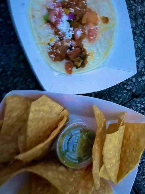 Chicken tacos and Nachos with guac
