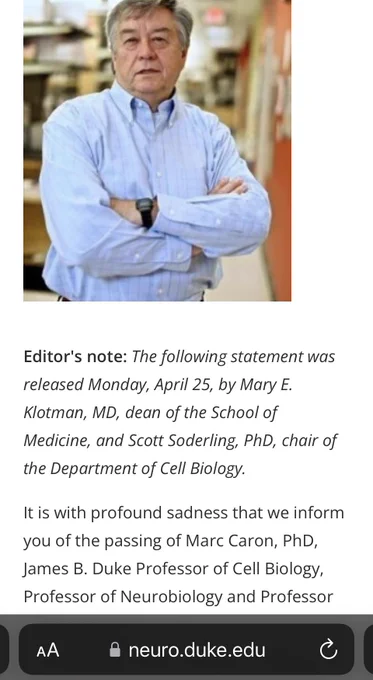 Screenshot from duke neurobiology website announcing Dr. Marc Caron sudden passing April 25, 2022