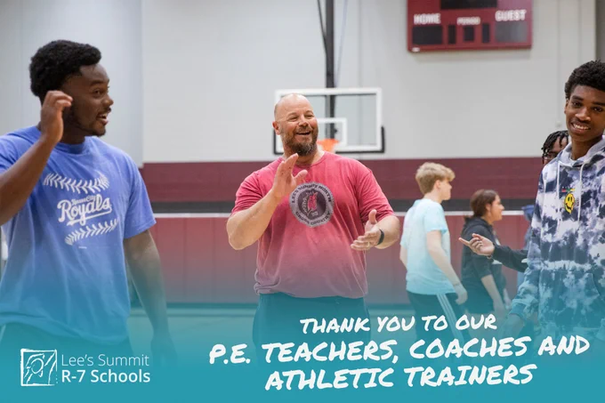 man clapping with students, text overlay: thank you to our PE Teachers, coaches and athletic trainers