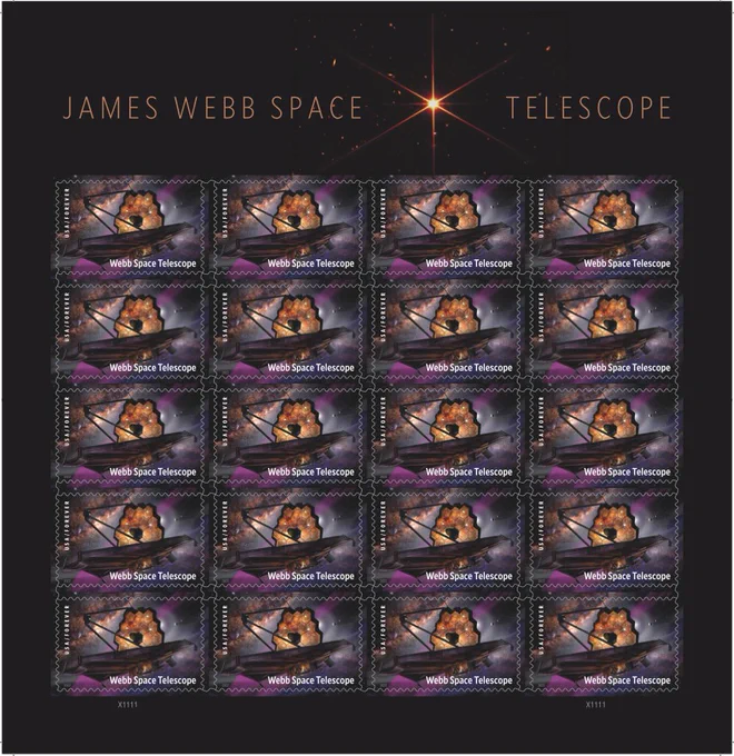 Each stamp on this sheet shows an illustration of the James Webb Space Telescope with its hexagonal golden mirrors and tennis-court-size sunshield against a starscape. The selvage photograph shows the rays of a bright star against dark and distant space taken by the telescope early in its mission, confirming the alignment of the Webb's 18 mirror segments. Art director Derry Noyes was the designer for the stamp project using existing art by James Vaughan and an image provided by NASA/STScI. Image credit: USPS