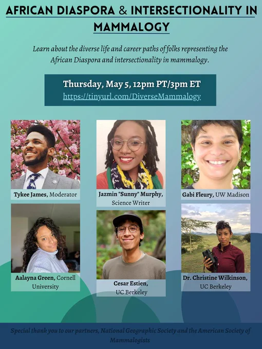 A flyer depicting 5 panelists and 1 moderator for the African Diaspora and Intersectionality panel. All of the people on the flyer are smiling. The pictures and descriptive text are on a blue-teal background.