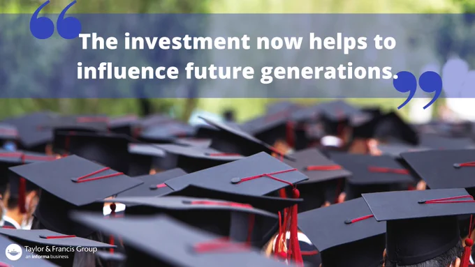Image of graduates at a ceremony. Text reads "The investment now helps to influence future generations."