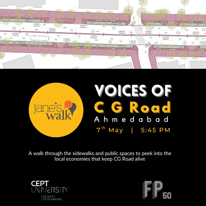 Faculty of Planning students, Niharika and Vishnupriya, join the global Jane’s Walk movement in celebration of the urbanist and activist, Jane Jacobs through the walk “Voices of CG Road – A walk through Ahmedabad’s Favourite Street”, to observe and understand aspects of the public realm through direct observation and conversation with local citizens. Come join them on this walk. Participation through registration only. Scan the QR code to register.

Link for registration: https://lnkd.in/dqqx5Cdi
