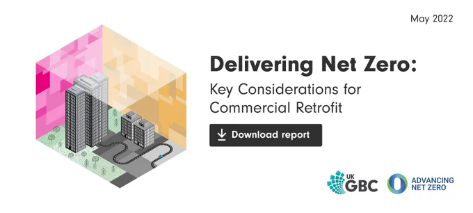White asset that reads, 'Delivering Net Zero: Key Considerations for Commercial Retrofit' This text is next to an illustration of commercial office buildings, presented in an abstract square. 