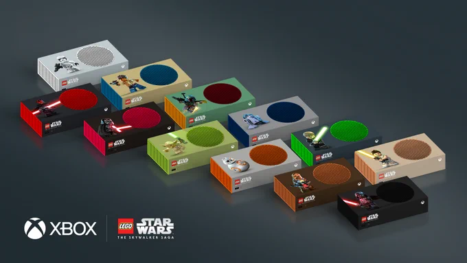 An image of 12 custom consoles featuring various iconic Lego Star Wars characters with the Xbox and Lego Star Wars The Skywalker Saga logos below