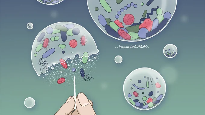 An illustration of a hand holding a needle-like object, which pierces a bubble holding many colourful microbes. Other bubbles full of microbes float around it. 