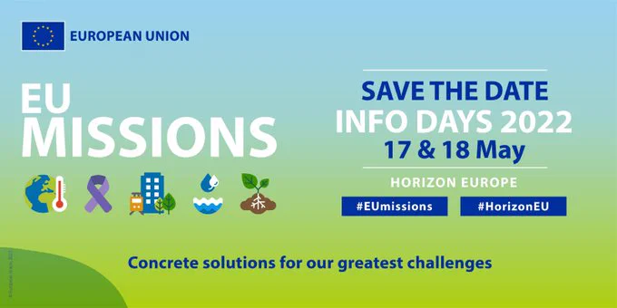 Text on green background: EU MISSION, info days 2022: 17 and 18 May. Save the date. 