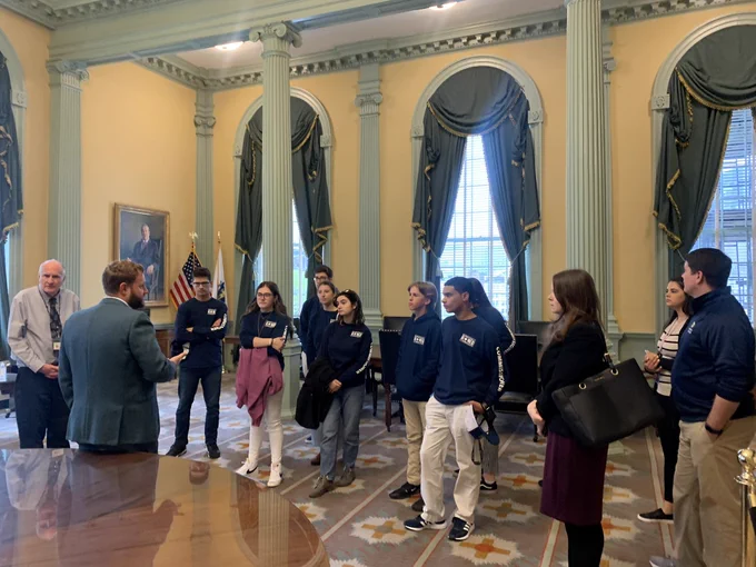 Senator Cyr speaks to students in the Senate Reading Room.