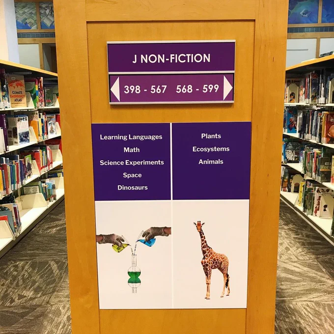 Photo of signage with white text on purple background and a photo of two hands pouring liquid in a science experiment and a photo of a giraffe.
