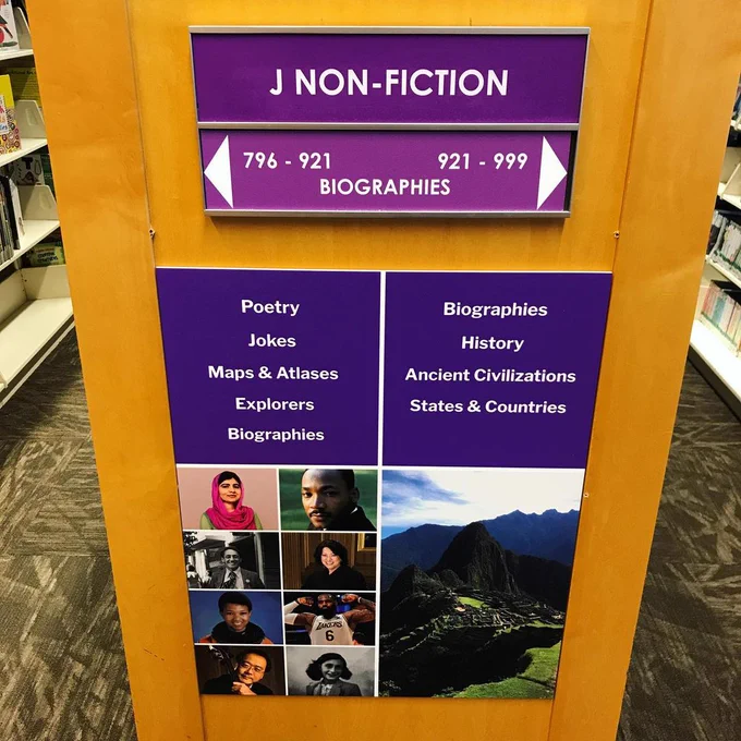 Photo of signage with white text on purple background and a photo a collage of photos of different historical figures and a photo of Machu Picchu.
