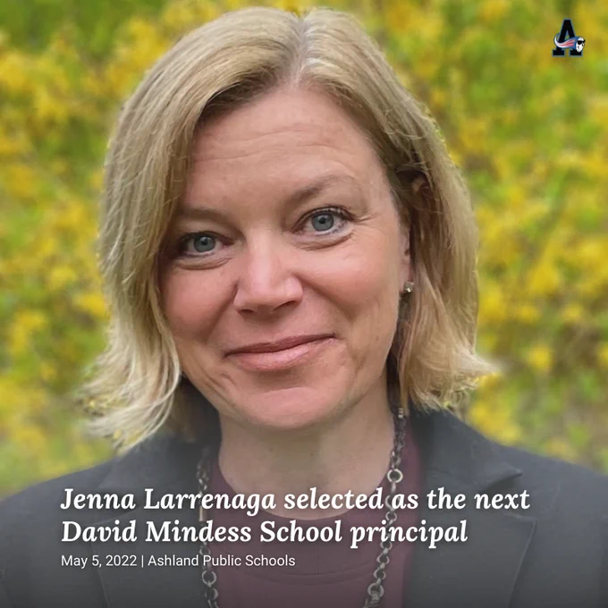 photo of smiling woman with text "Jenna Larrenaga selected as the next David Mindess School principal"