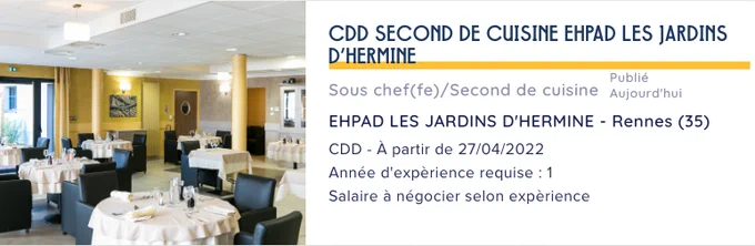  Le restaurant des Jardins d'Hermine est situé au coeur d'un EHPAD (maison de retraite) sur Rennes. Nous servons des repas midi et soir pour les résidents de l'EHPAD ainsi que leurs familles sur réservation.