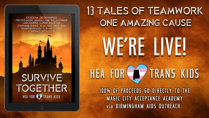 The cover of Survive Together featuring a castle against a sunset background with sunlight coming through the clouds.
