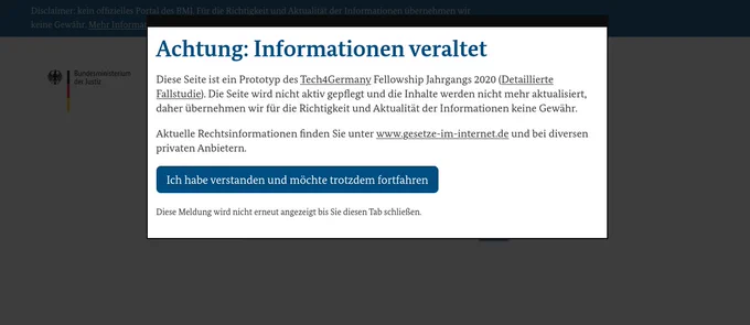 Screenshot mit Warnung: Achtung - Informationen veraltet