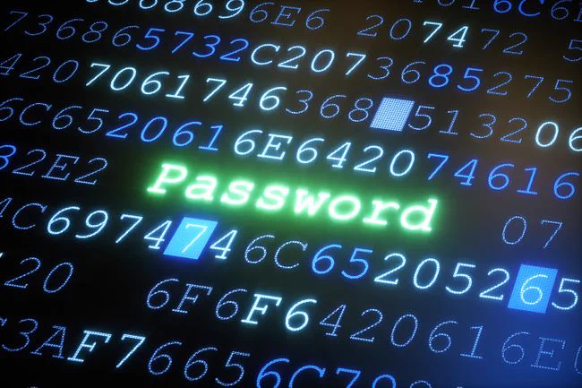 Some code made up of letters and numbers fill the screen with the word 'Password' appearing centrally.