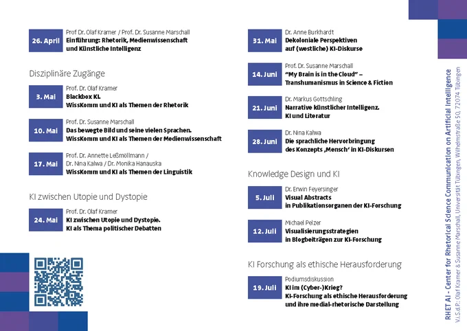 Vorlesungstermine, mit Angabe von Dozent:in und Titel. Mehr: https://uni-tuebingen.de/fakultaeten/philosophische-fakultaet/forschung/zentren-und-interdisziplinaere-einrichtungen/rhet-ai-center/newsfullview-rhetaicenter/article/rhetorik-medienwissenschaft-ki/