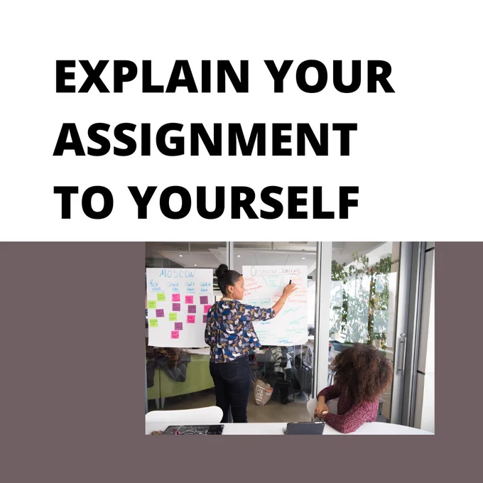 Text says : Explain your assignment to yourself. Picture: 1 person writing on board while other person seated and watching