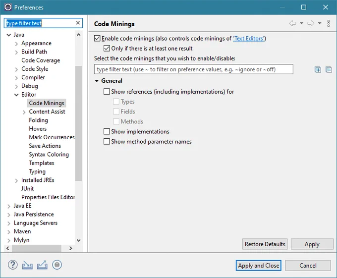 Screenshot of Eclipse's default Code Minings options in preferences.