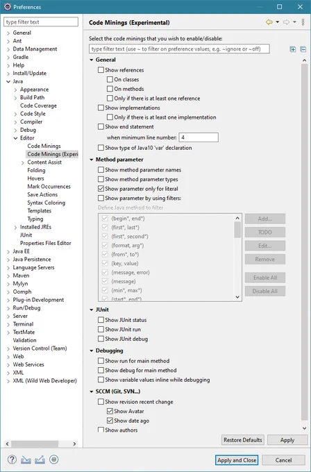 Screenshot of Eclipse's Code Minings (experimental) options when JDT codemining plugin is installed.