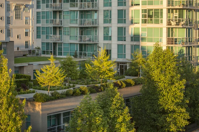 Garden, planter boxes, trees, and grass line the rooftops of hi-rise apartment buildings in North Vancouver