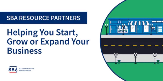 Image: Cartoon-like shop with a street in front of it. 
Text: SBA Resource Partners
Helping You Start, Grow or Expand Your Business
Logo: U.S. Small Business Administration