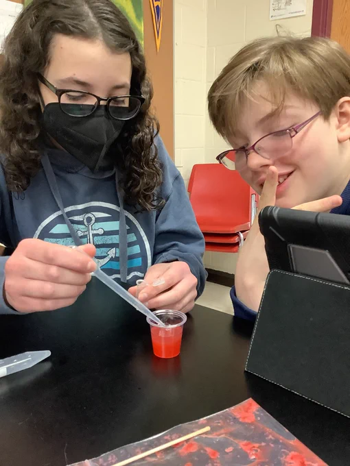 Students add  pippette of ethanol to filtered strawberry & detergent mix for DNA extraction