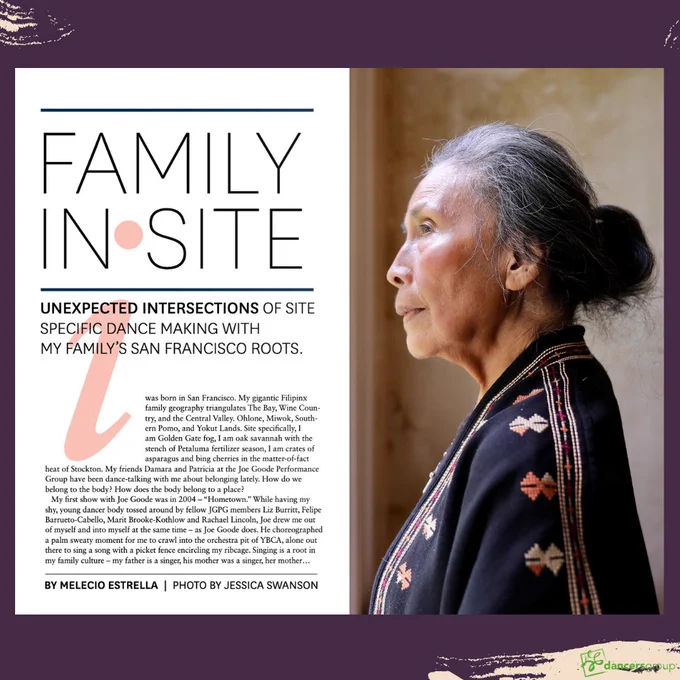 Panching, an elder Filipina, is in profile to the camera. She looks out a window of an historic house at Fort Barry with a contemplative look. She has brown skin and salt and pepper hair tied back in a low bun. She wears a navy blue print wrap. To the left is the cover image of the article with text in large that reads Family in Site followed by the first paragraph of the article]