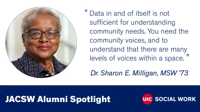 Photo of Dr. Milligan, UIC Social Work logo and the text “JACSW Alumni Spotlight” and this quote from her: Data in and of itself is not sufficient for understanding community needs. You need the community voices, and to understand that there are many levels of voices within a space.