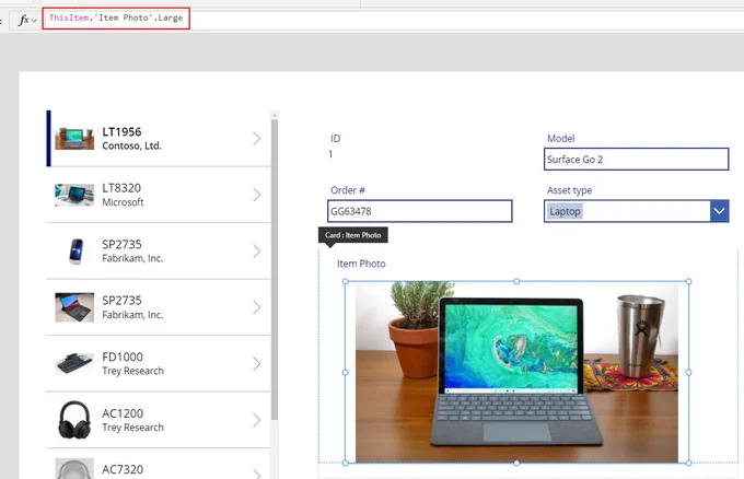 A screenshot of Power Apps Studio shows a canvas app for browsing devices and viewing its details on the side. An image control is selected and the formula bar the top shows that it references ThisItem.'Item Photo'.Large.