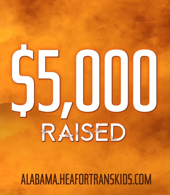 5,000 dollars raised in white text on a orange background. Underneath in black letters it says Alabama.heafortranskids.com