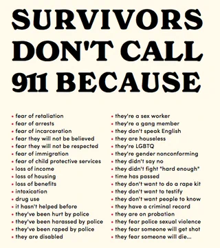 "Survivors don't call the police, because:

• fear of retaliation
• fear of arrests
• fear of incarceration
• fear they will not be believed
• fear they will not be respected
• fear of immigration
• fear of child protective services
• loss of income
• loss of housing
• loss of benefits
• intoxication
• drug use
• it hasn't helped before
• they've been hurt by police
• they've been harassed by police
• they've been raped by police
• they are disabled
• they're a sex worker
• they're a gang member
• they don't speak English
• they are houseless
• they're LGBTQ
• they're gender nonconforming
• they didn't say no
• they didn't fight "hard enough"
• time has passed
• they don't want to do a rape kit
• they don't want to testify
• they don't want people to know
• they have a criminal record
• they are on probation
• they fear police sexual violence
• they fear someone will get shot
• they fear someone will die..."