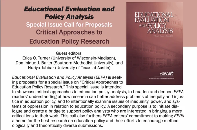 Screen shot of call for proposals for special issue of Educational Evaluation and Policy analysis on Critical Approaches to Education Policy Research.