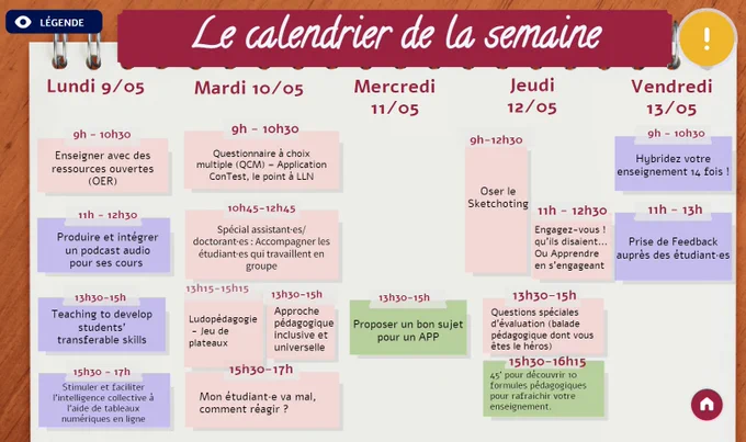Planning de la semaine de formation organisée par le LLL à Louvain-la-Neuve du 9 au 13 mai.