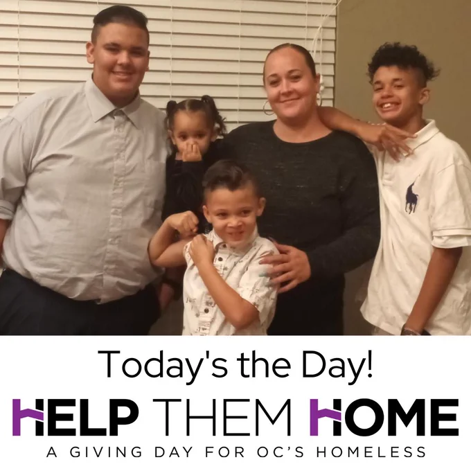 A mom, dad, and their three children smile in their new apartment. Below is: Today’s the Day! Help Them Home. A Giving Day for OC’s Homeless.