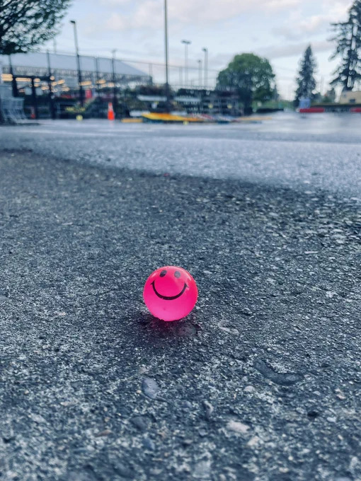 Pink smiley face super ball on the sidewalk of a super market on River Road near the home & garden section