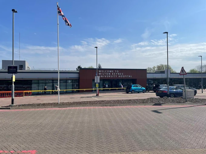 Main entrance to Milton Keynes Hospital from the car park.