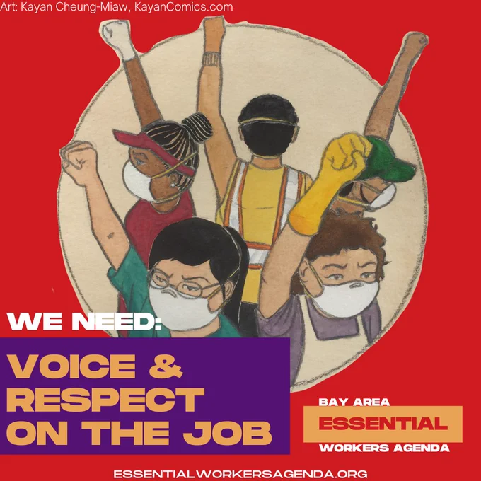 An illustration of masked workers with their fists raised, on a red background with text that reads "We need: voice and respect on the job"