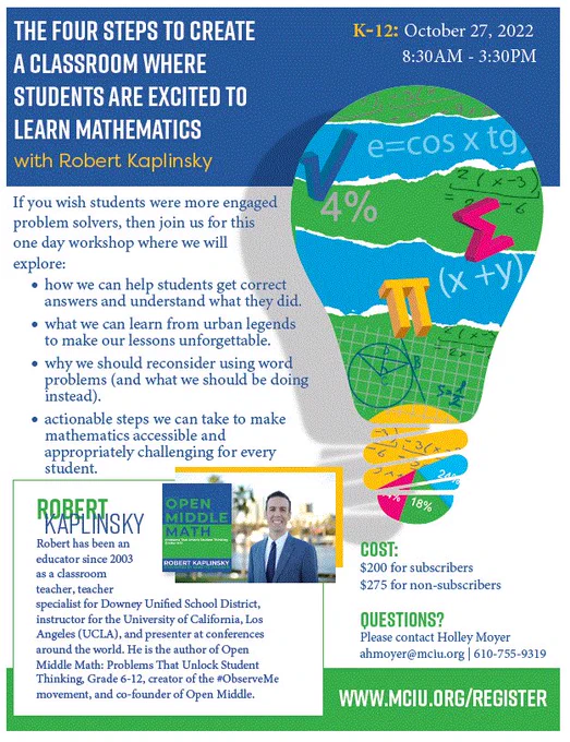 Four Steps to Create a Classroom where students are excited to learn mathematics by Robert Kaplinsky for K to 12.  October 27, 2022 from 8:30am to 3:30pm at MCIU.