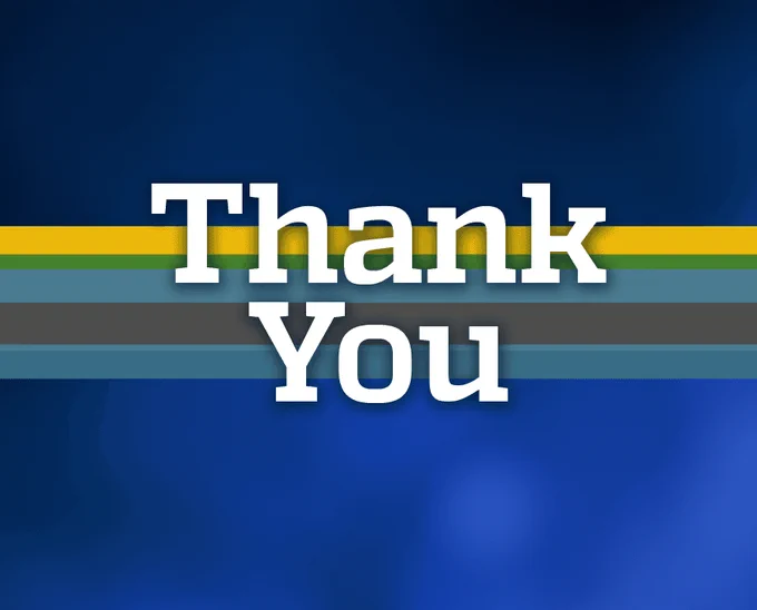 "Thank You" in white letters on a blue background. There are horizontal stripes in the middle in yellow, green, blue, and gray.