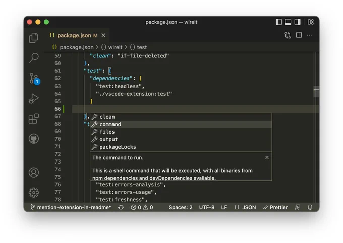 A screenshot of VSCode demonstrating the Wireit extension's autocompletion for fields in a Wireit config