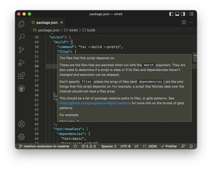 A screenshot of VSCode demonstrating the Wireit extension's documentation on hover for the "files" field of a Wireit config