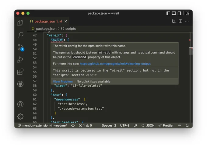 A screenshot of VSCode demonstrating a diagnostic when a wireit config does not have a corresponding entry in the scripts section of a package.json file