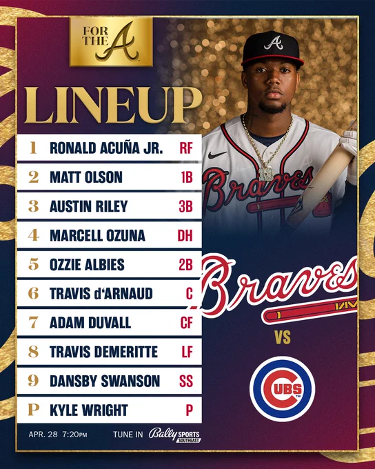 Acuña Jr. RF, Olson 1B, Riley 3B, Ozuna DH, Albies 2B, d'Arnaud C, Duvall CF, Demeritte RF, Swanson SS, Wright P. First pitch at 7:20.